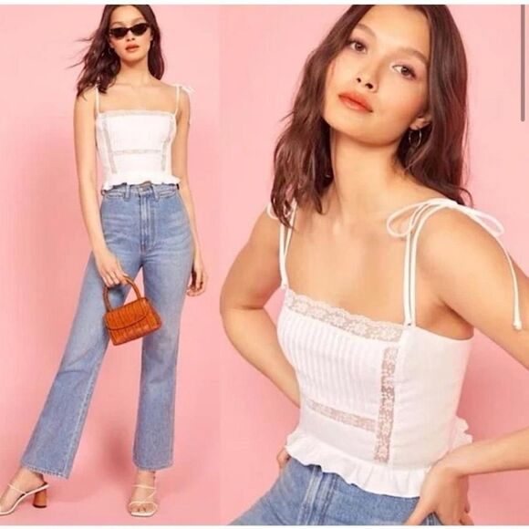 REFORMATION Mason Tie Strap Linen Crop Top - Picture 1 of 11